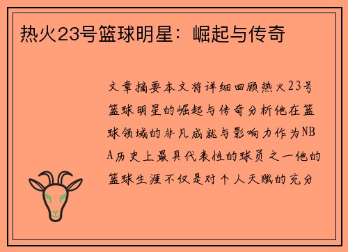 热火23号篮球明星：崛起与传奇
